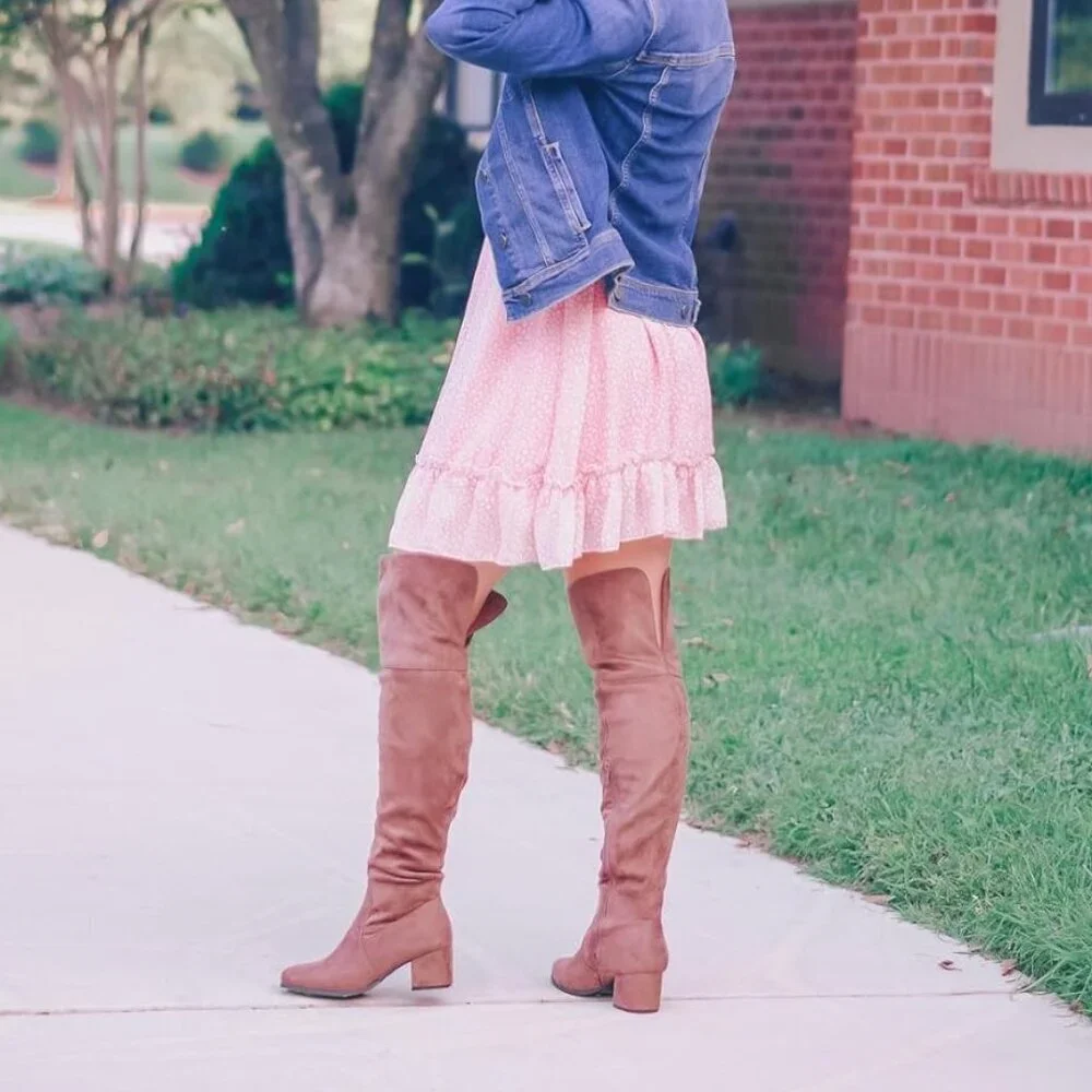 🆕J.Adams Brown Vegan Suede Over The Knee Trendy Low Block Heel Thigh High Boots